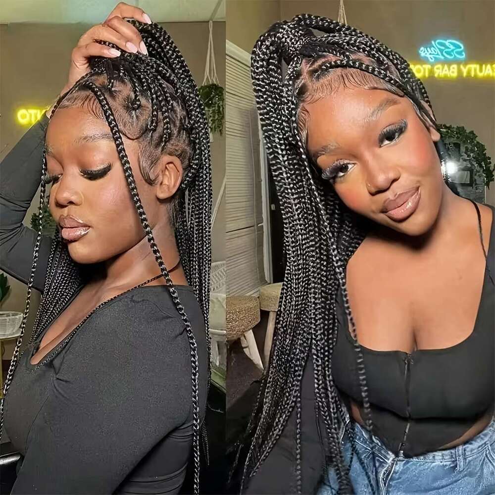34 Inch Black Synthetic Full Braided - Knotless Box Braids With Double Lace Front, Hair & Cornrows-Like Texture | 100% Density Dreadlock-Style Wig For