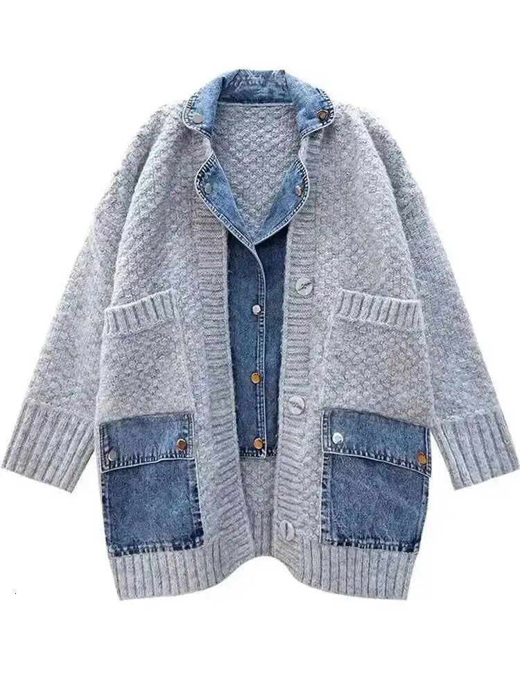 LANMREM Denim Patchwork Knitted Sweaters Women Single Breasted Loose Irregular Cardigan Female Clothing Autumn Winter 2DA9204 251029