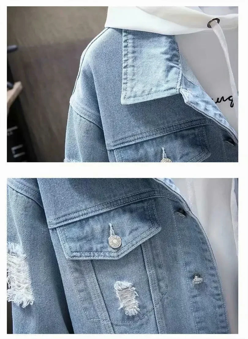Men Denim Jacket Ripped Hole Single Breasted Coats Spliced Outerwear Jackets Pockets Casual Loose Washed Distressed 251029