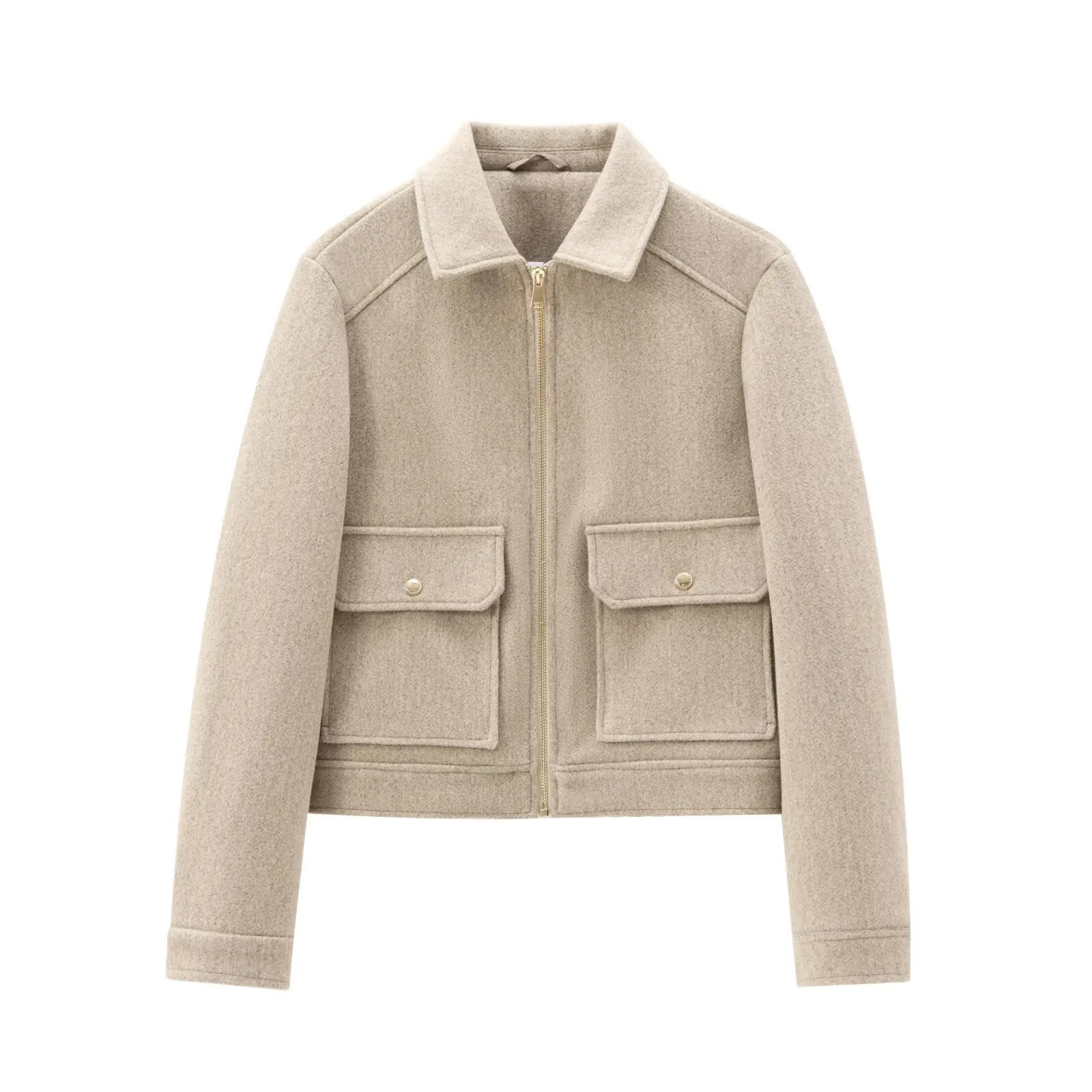 autumn and winter womens clothing pocket zipper decoration soft simple longsleeved lapel short jacket 251028