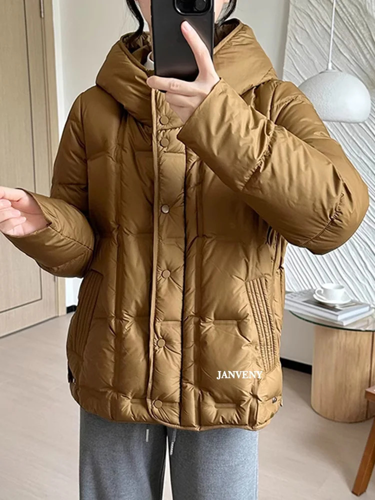 Janveny Fashion Winter Lightweight Hooded Puffer Jacket Women Long Sleeve 90 White Duck Down Cropped Casual Coat Warm Parka 251023