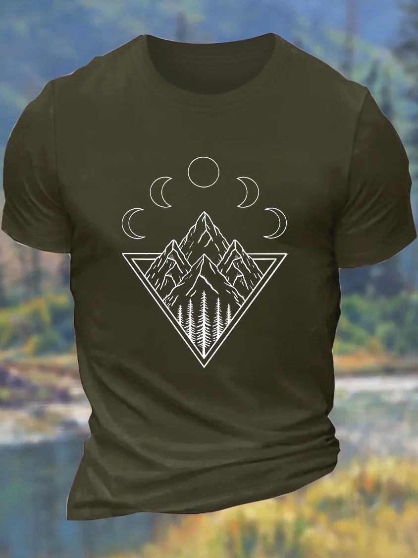 European & American Oversized Men's Moonlit Mountain Line Pattern Crew Neck Loose-Fit Casual T-Shirt - TT7530