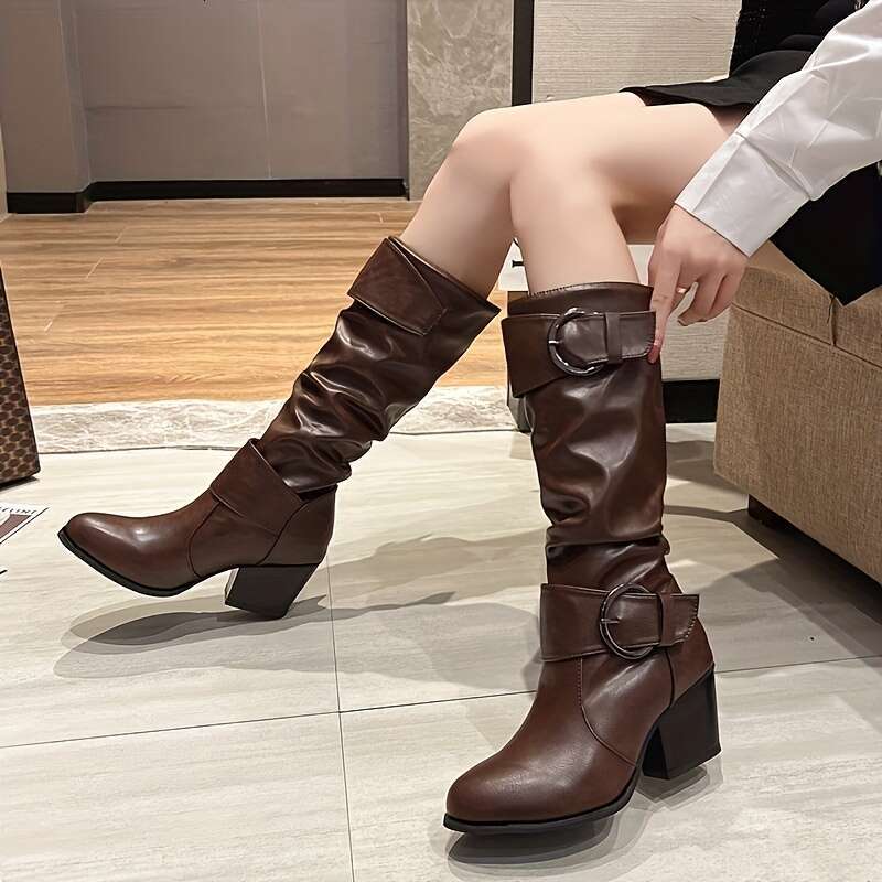 New European American Thick-Heeled High-Top Fashionable With Belt Buckle, Knee-High Long Boots For Women, Spring, Autumn And Winter