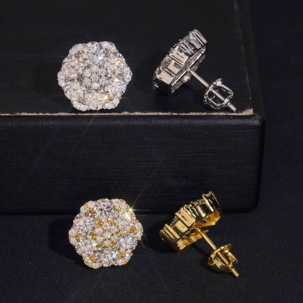 New hot sell by tester Hip hop Sier gold-plated VVS Dia diamond flower stud cluster Christmas gifts