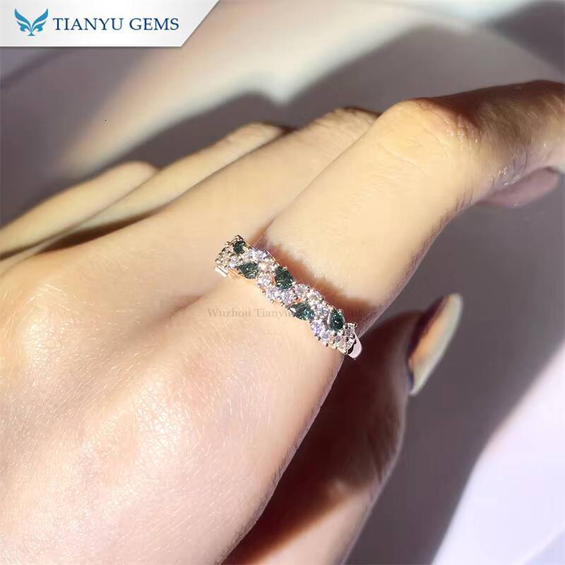 Tianyu Gems Green Pear 23mm Moissanite and Round Def Vvs1 Moissanite 18k Rose Gold Half Setting Eternity Band for Women Party