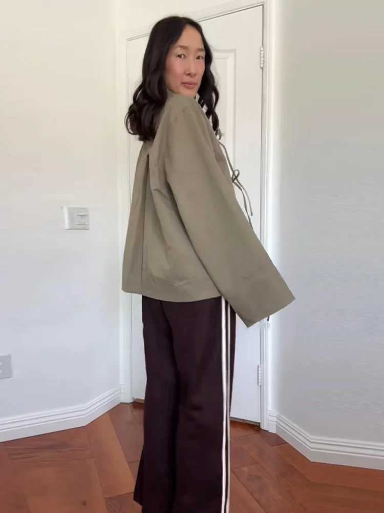 Reversible Oversized SingleBreasted Jacket Women Tied Collar Contrast 2025 Autumn Versatile Coat Urban Chic Lady Outerwear H251030