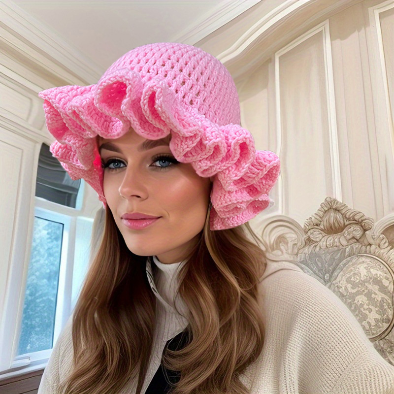 2025 Solid Color Ruffled Crochet Wool Hat with Pleated Edge and Wide Brim Fisherman Hat for Autumn and Winter 241105