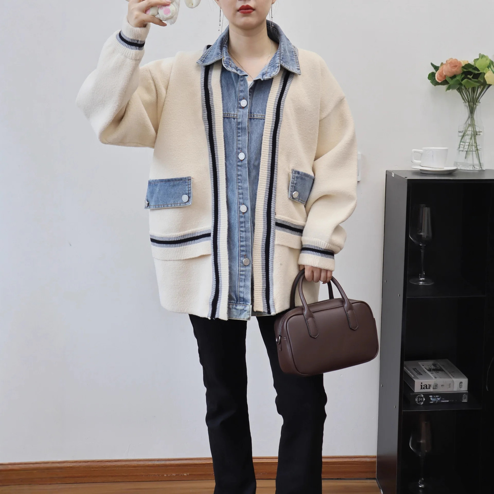 Women Knitted Spliced Cardigan Casual Jumpers Denim Patchwork Long Sleeves Single Breasted Thick Loose Office Lady 2025 Autumn 251029