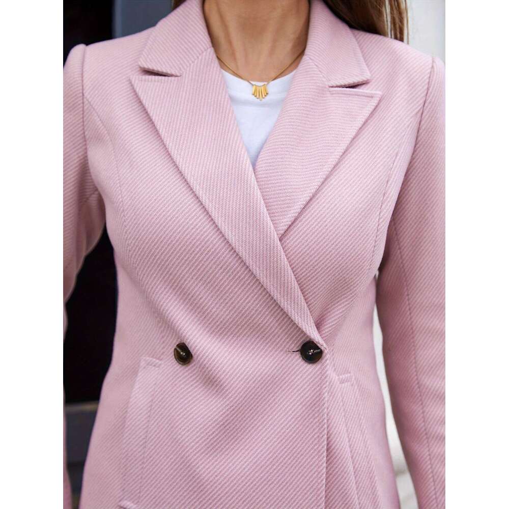 Pink Women S Elegant Double Breasted Long Coat With Pockets Stylish Fall Winter For Casual Or Wear Office Wear Textured Fabric Jacket Structured Desig