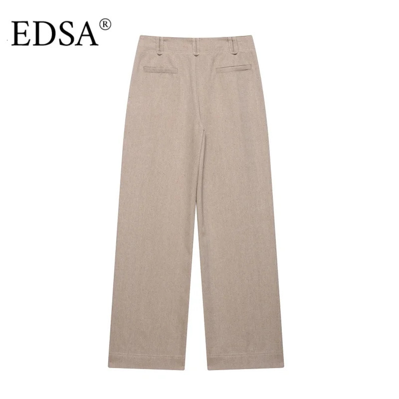 EDSA Women Khaki Herringbone Pants Set Cropped Jacket Long Sleeves Side Zip Lowrise Straight Leg Long Trousers Female Suits 251028