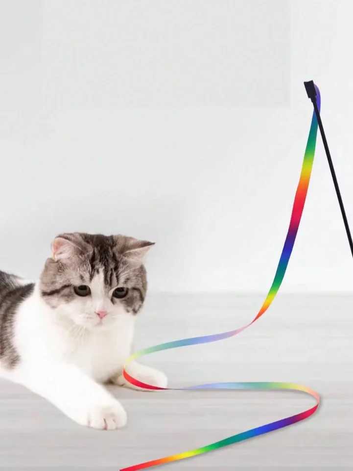 Interactive Cat Rainbow Wand Toys Interactive Cat Teaser Wand String Colorful Ribbon Charmer For Most Cats And Kittens S251029{category}