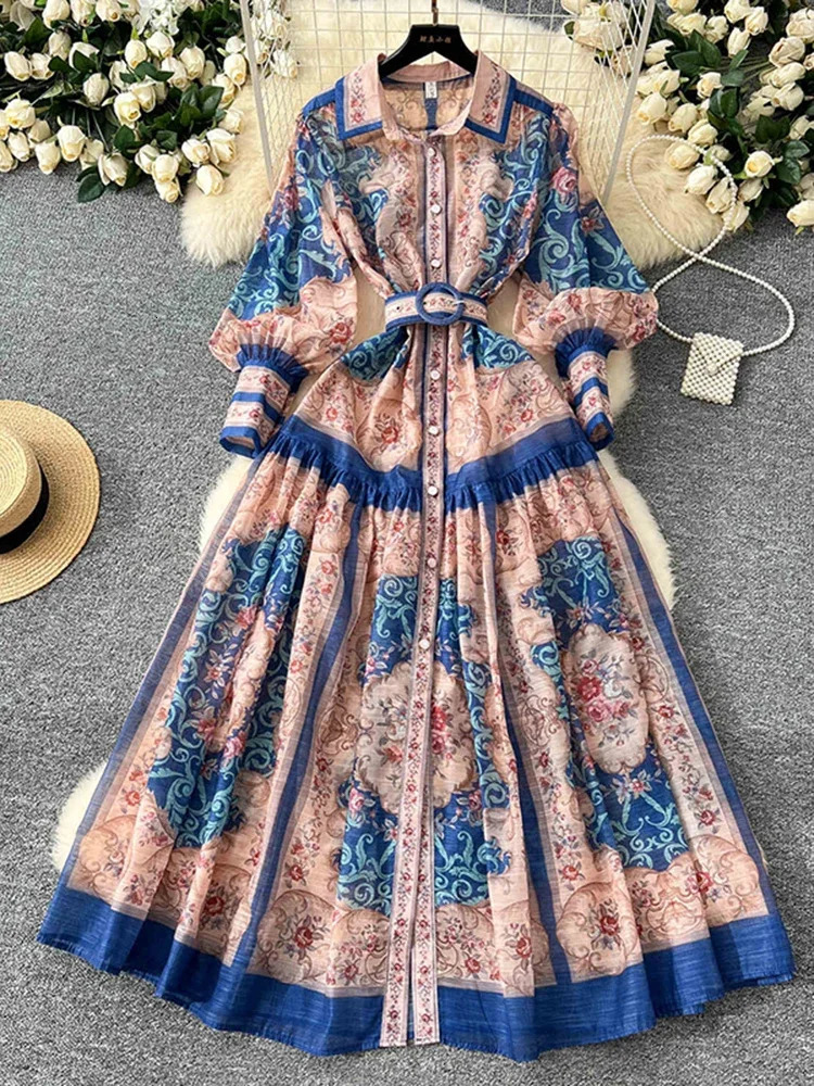 Retro Court Printed Lapel Lantern Sleeve Cinched Waist Single Breasted Dress Womens Long Sleeved Elegant A299 251027