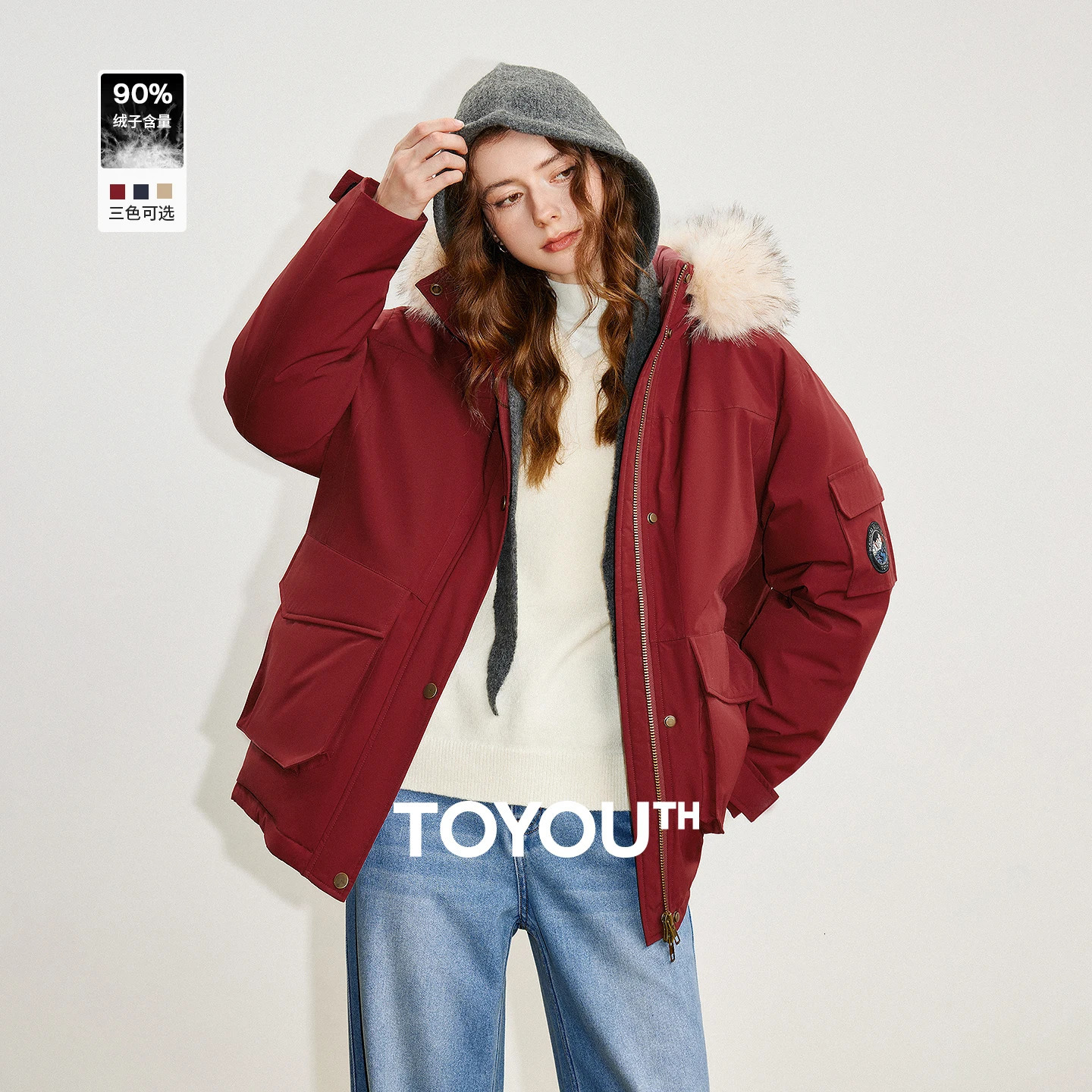 TOYOUTH Women 90 Down Jacket Winter Fur collar Hooded Large Pocket Workwear Style Outdoor Warm Jacket Coat 251028