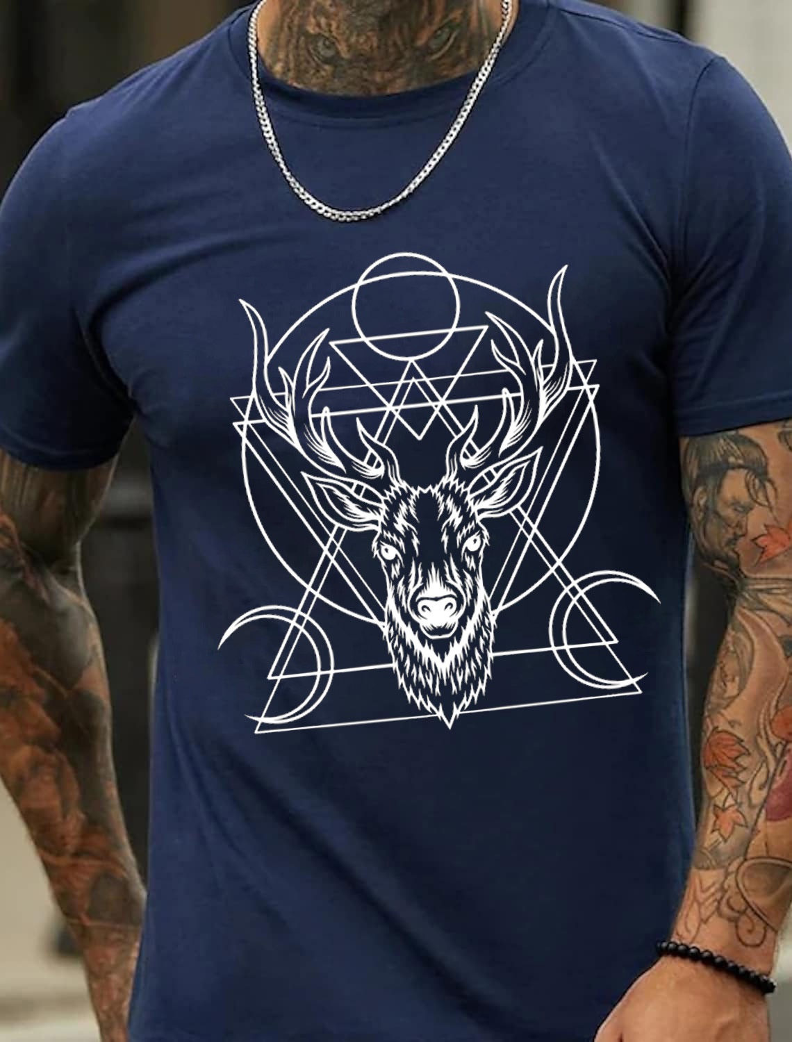 European & American Oversized Deer Head Geometric Print Men's Cotton Summer T-Shirt - TT7193