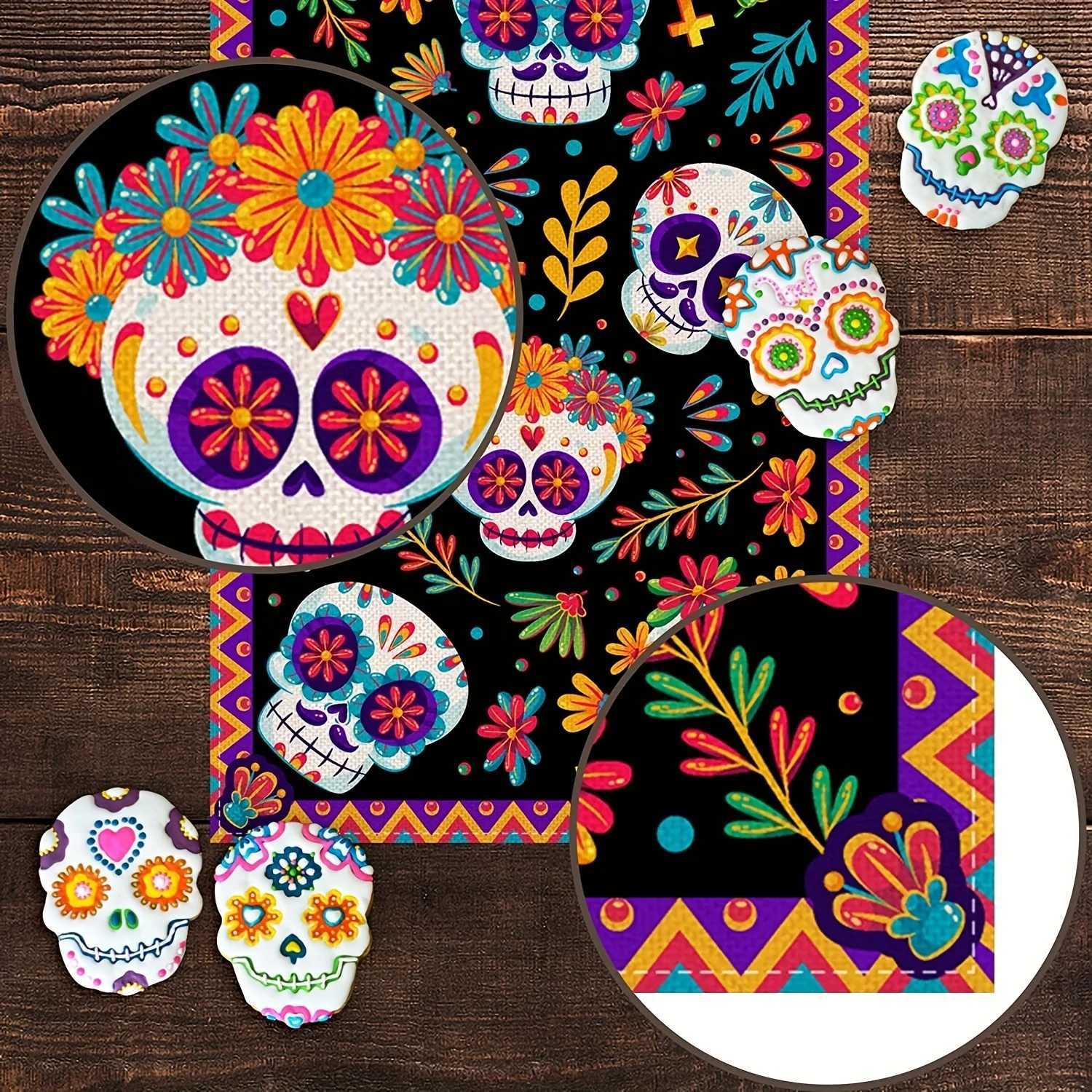 1Set Halloween Decoration Table Runner Tablecloth Mexican Day of The Dead Skull Ghost Table Runner Halloween Table Accessories C251030