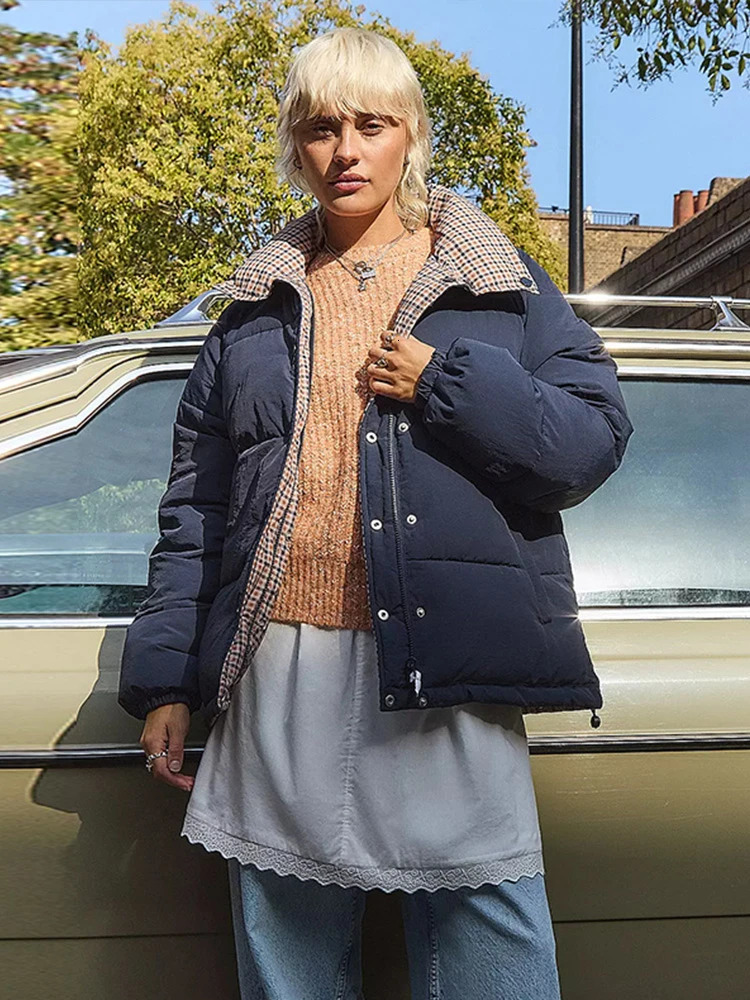 Cute Womens Plaid Padded Jacket Lapel Cotton Coat Winter Warm Oversized Full Sleeve Checked Outerwear 2025 High Street Outfit 251030