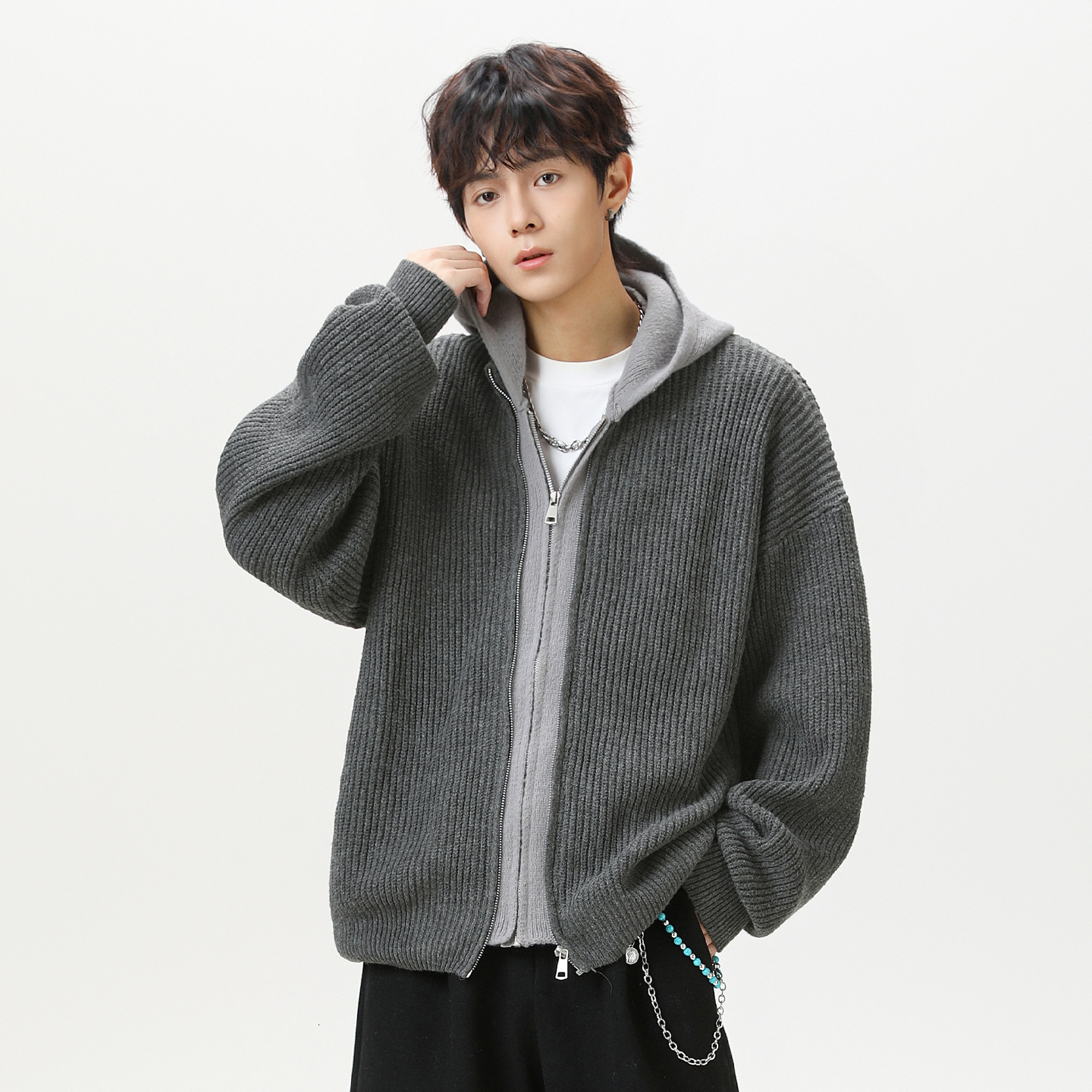 Fake Two-piece Cardigan Hooded Sweater For Men Autumn And Winter Imitation Deer Fur Plush Texture Lazy Style Designer Sweater Knitted Sweater Oversize
