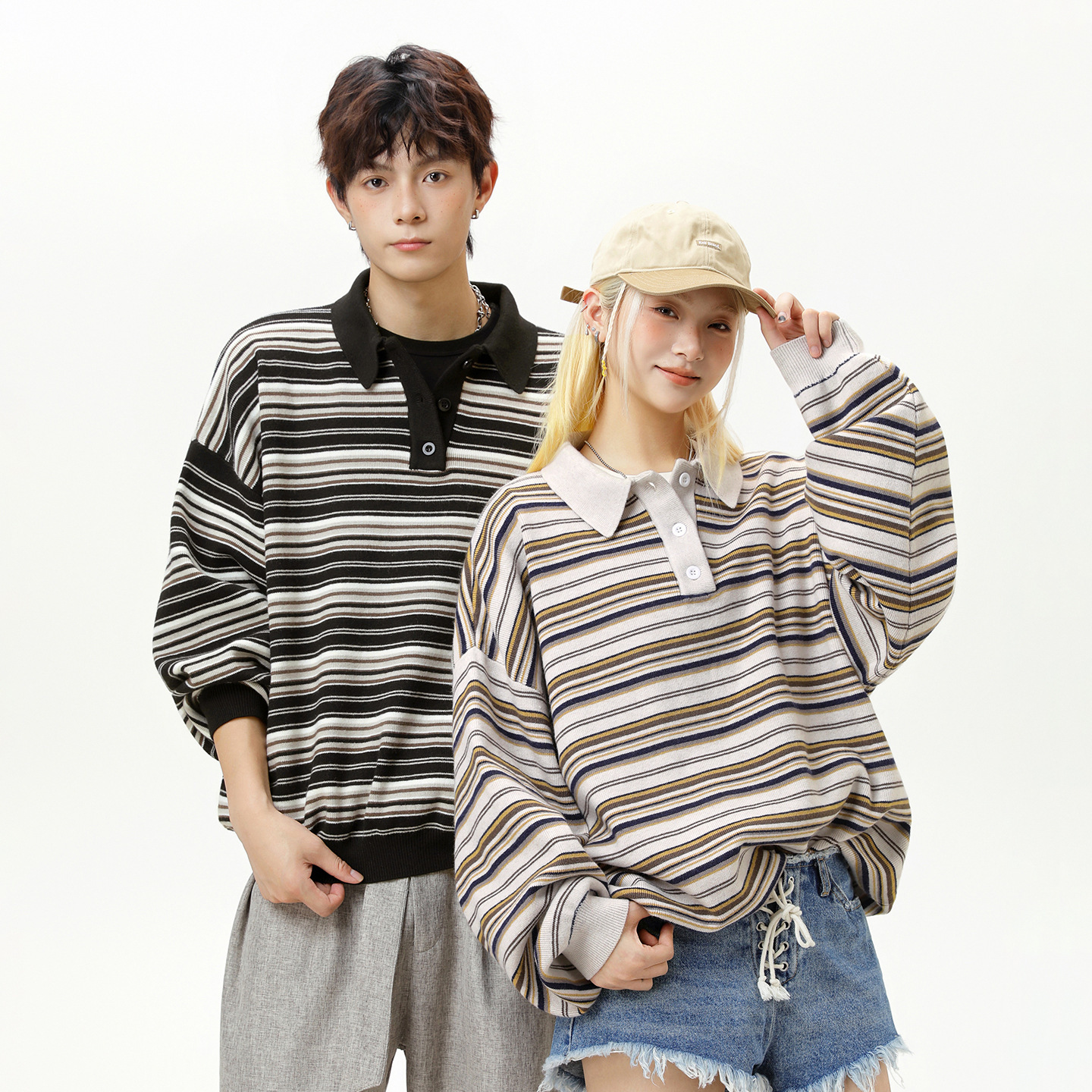 Color Block Striped Collar Sweater Men Autumn Designer Sweater Style Textured Warm Polo Knit Loose Casual Long Sleeve T-shirt