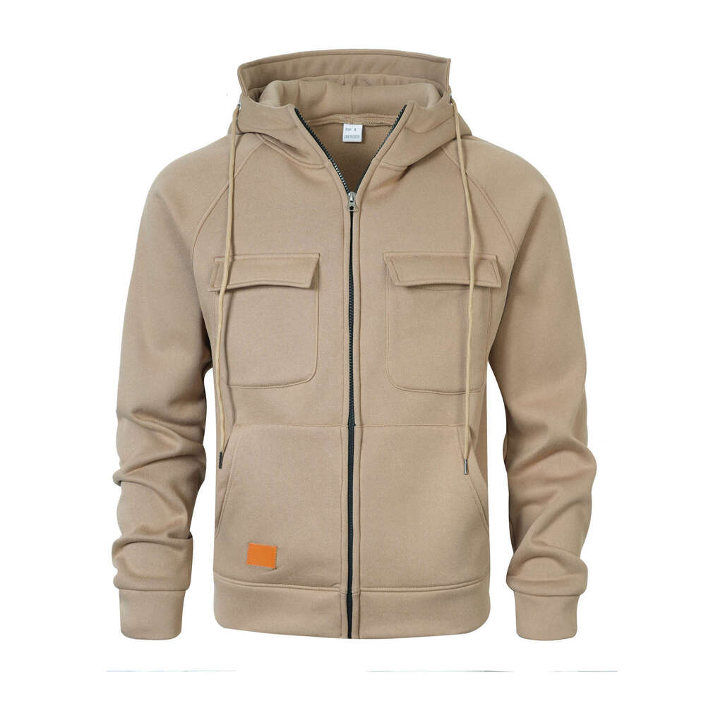 European Size Spring Autumn Winter American Style Hooded Loose Stand Collar Casual Sweatshirt Men's Multi-Pocket Cardigan Zipper Jacket