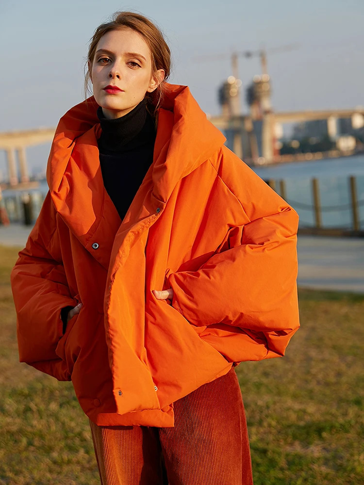 Winter Hooded Long Sleeve Warm Coats Parkas Fashion Loose Fluffy Orange Red Oversized Down Jacket 251027