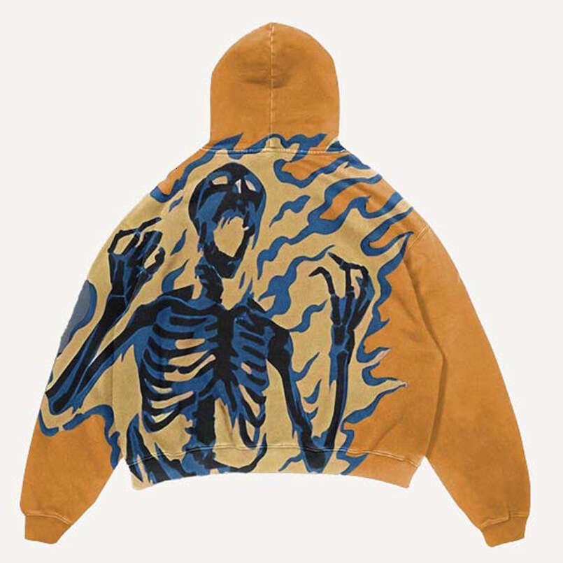 Blue Green American Vintage Hoodie Gothic Skull High Street Oversized Unisex Streetwear Pullover Casual Baggy Sleeve Sweatshirt