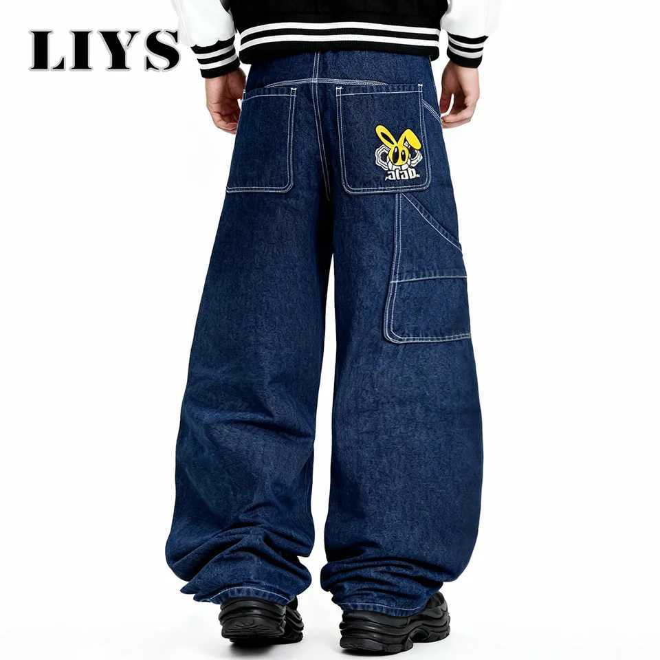 Mens American Retro Animal Rabbit Embroidered Loose Wide Leg Jeans Unisex Clothes Blue Y2K Baggy Design Multi Pocket Denim Pant J251030