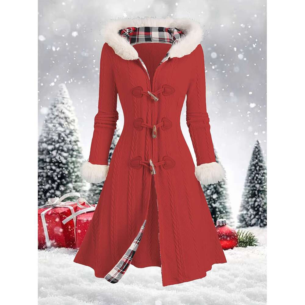 Y K Coat Y K Plaid Patchwork Hooded Coat Button Closure And Long Sleeves