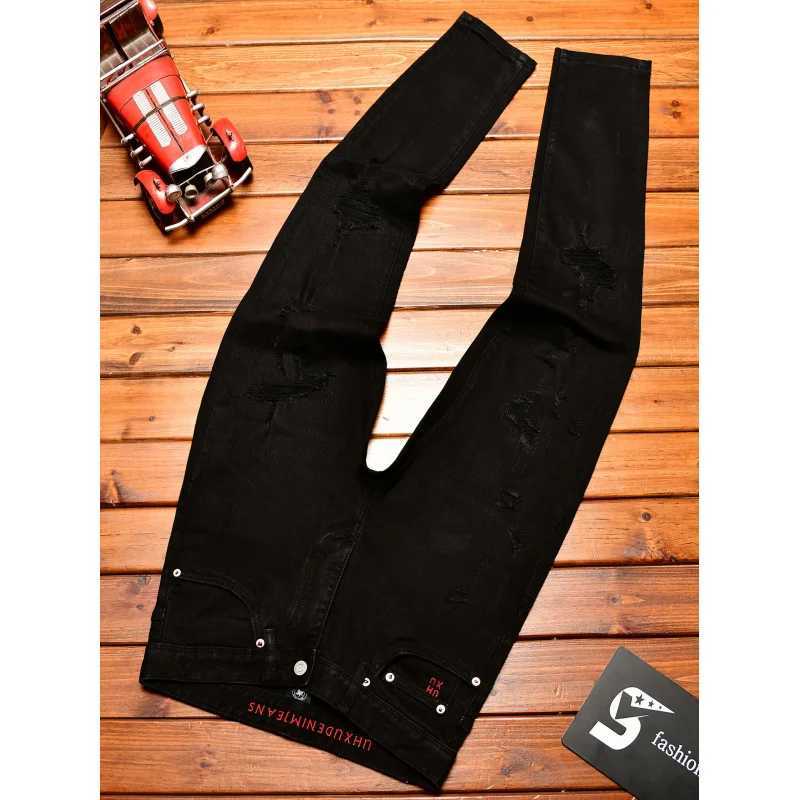 Black ripped jeans mens fashionable street trend American handsome retro nostalgic slim fit small leg denim pants J251030