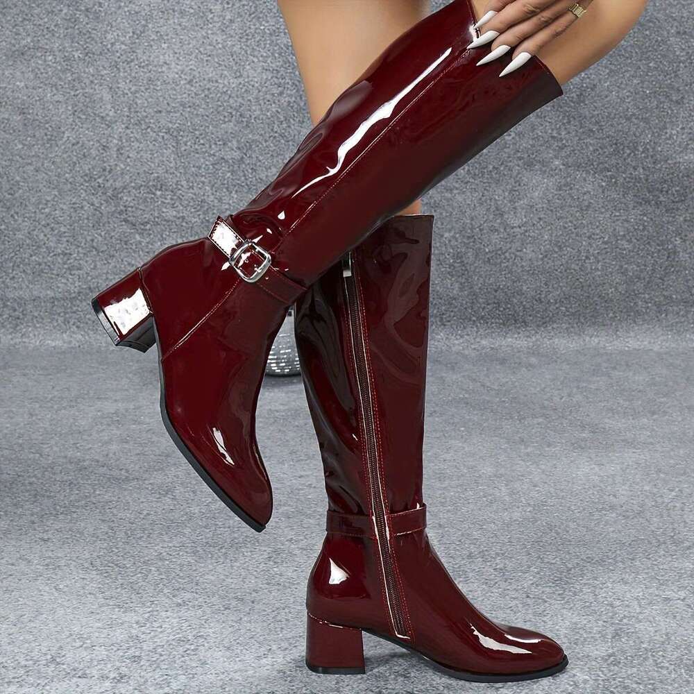 1Pr Elegant Knee-High For Women - Solid Color, Mid Block Heel, Round Toe, Side Zipper, Dress Boots With Flannel Lining And PVC Sole, Winter Veet Style