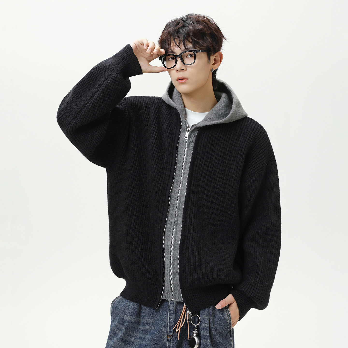 Fake Two-piece Cardigan Hooded Sweater For Men Autumn And Winter Imitation Deer Fur Plush Texture Lazy Style Designer Sweater Knitted Sweater Oversize
