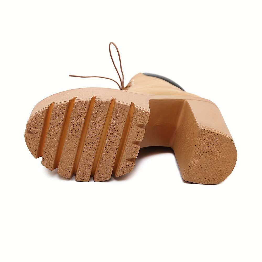 Women's Chunky Heeled Short Boots, Round Toe Lace Up High Heels, Solid Color Platform Shoes