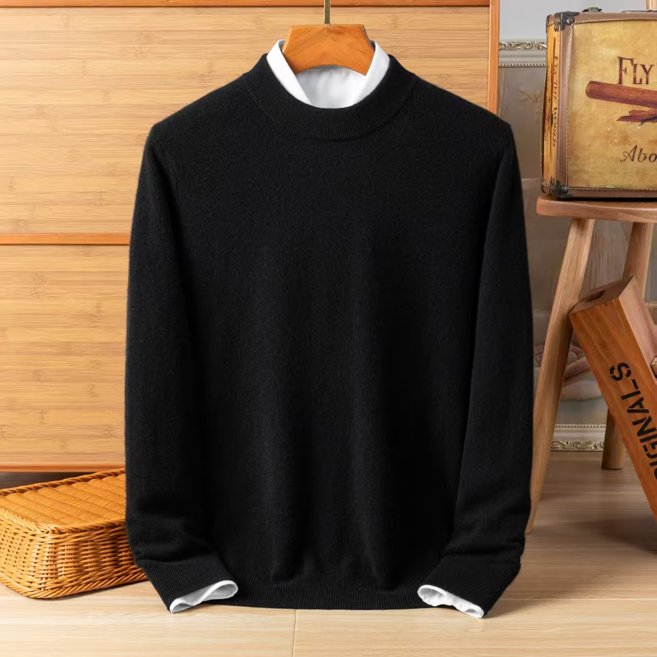 100% pure cashmere sweater men's thick warm round neck sweater solid color long sleeved knitted sweater