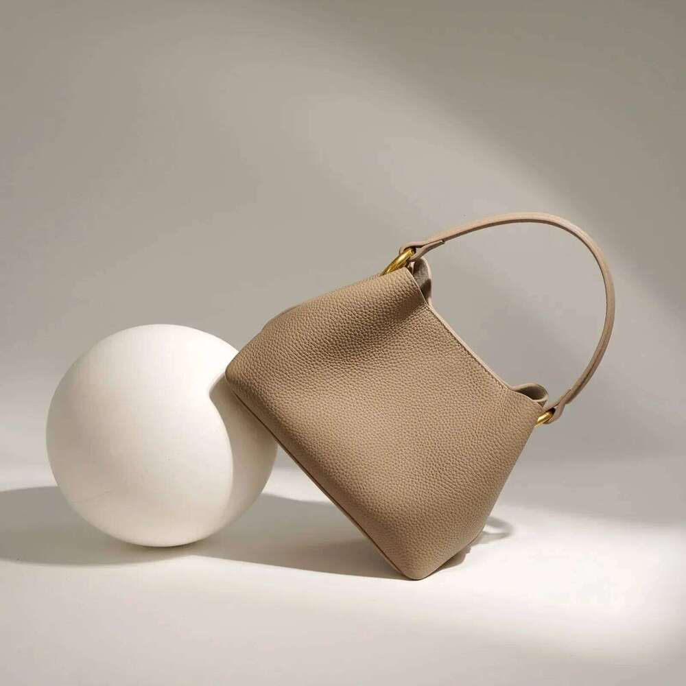 Mini Soft Leather Bucket Bag Women's Crossbody Basket Design Handbag Top Layer Cowhide Apricot Color Casual Chic Style