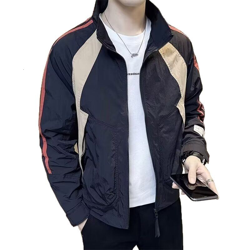 Spring New Men's Trendy Brand Zipper Jacket Stand Collar Workwear Designer Coat Jacket Color Block Casual Loose Sun Protection Clothing