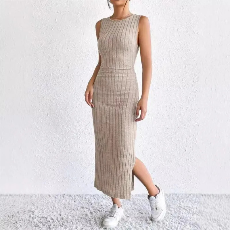 Autumn Knit Cardigan Sleeveless Dress Set Simple Solid Color Trendy Maxi Length Coat Homewear Dress 2Piece Set Womens Outfits 251028