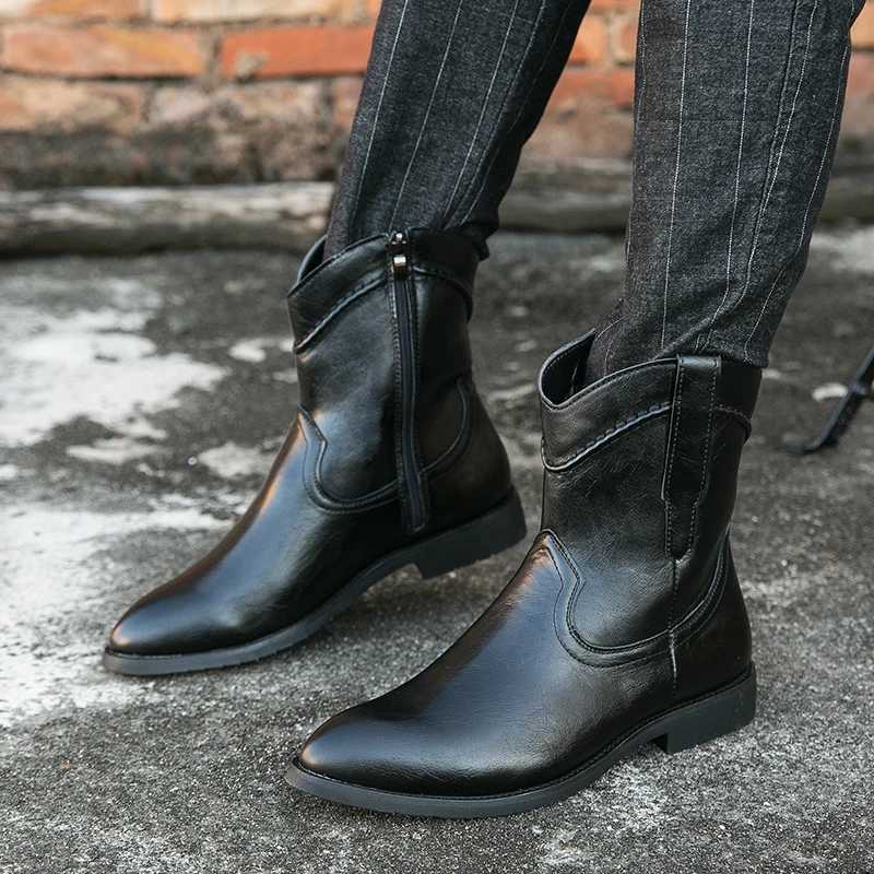 High Quality Casual Leather Boots Men Trend Western Cowboy Boots Shoes Male Outdoor High Top British Mens Boots Comfortable Z251029
