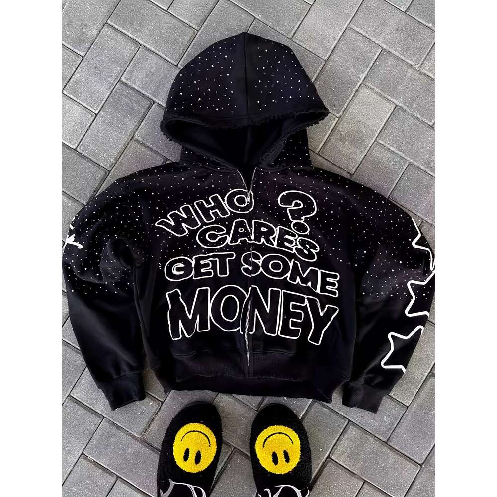 Men's Streetwear Rhinestone "Who Cares Get Some Money" Graphic, Hip Hop Full-Zip Sweatshirt With Pockets, Black & White Lettering, Fall