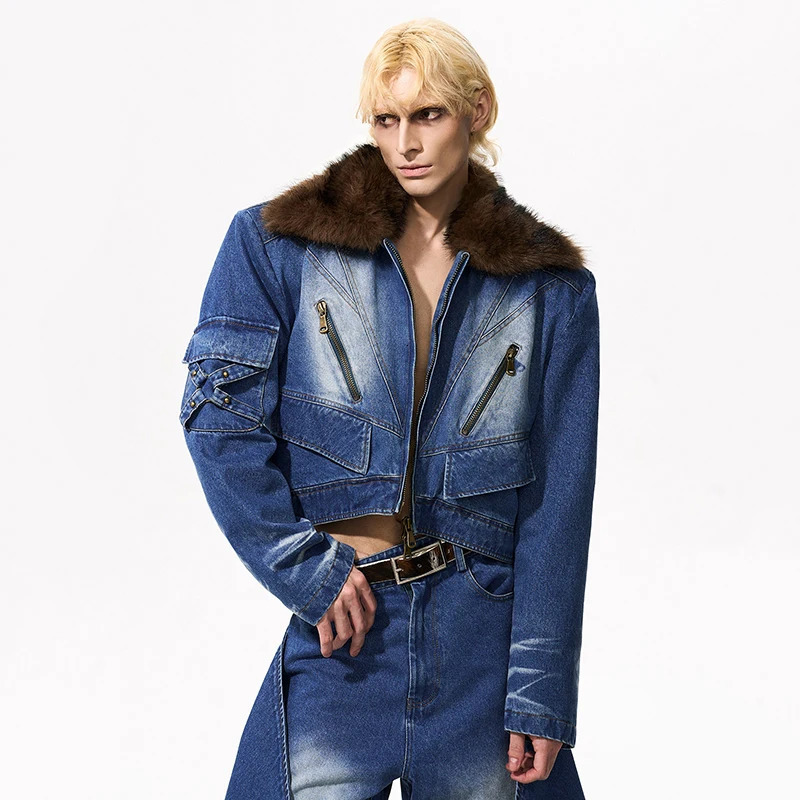 LUZHEN Fashion Original High Quality Fur Neck Patchwork Washed Denim Jacket Men 2025 Fashion Street Casual Short Coat JY4506 251024