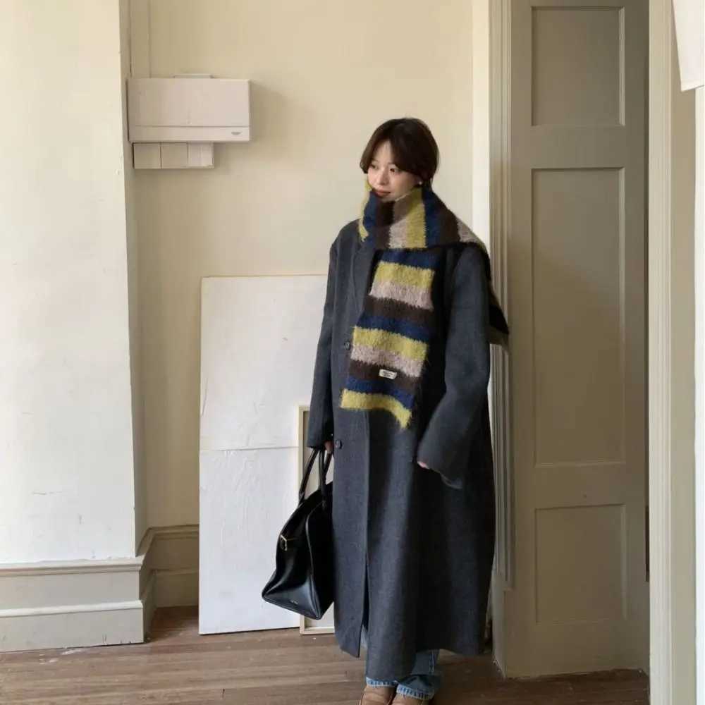 Simple Preppy Style Plaid Wool Scarf Thicken Stripe Scarf Long Korean Style Knitted Shawl StudentW251030