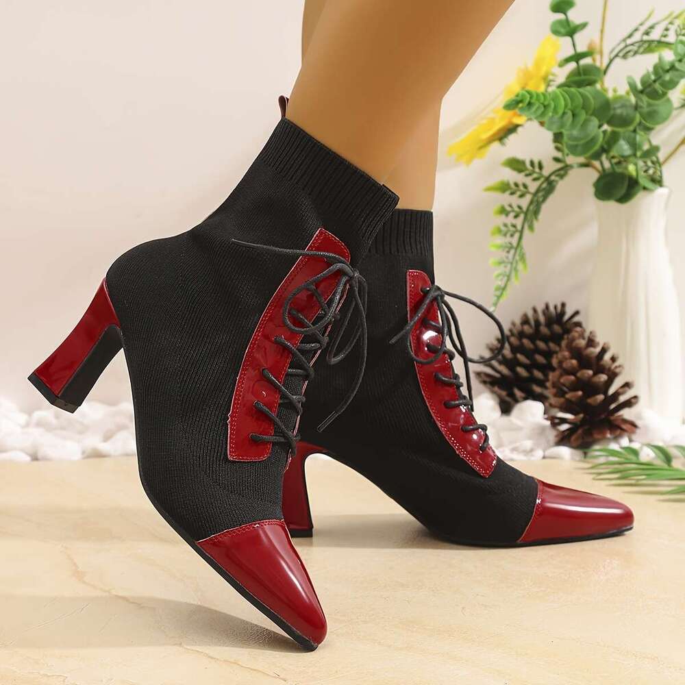 Black And Red Classic Combination Pointed Women's High Short Thick Heels With Adjustable Laces Comfortable Street Shoes Outdoor Boots