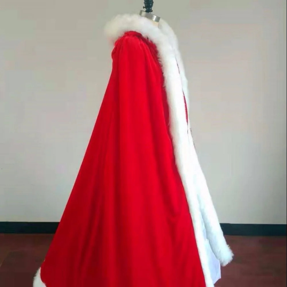 Plus Fleece Wedding Bridal Cape Velvet Warm Long Winter Poncho Womens Fur Trim Wedding Cloak White Red Black Wraps Hood Cape 251029