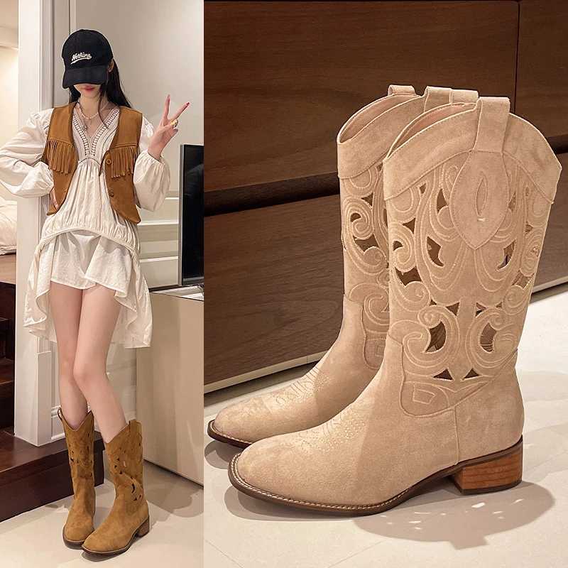 new Hollow Embroidered Vintage Western Boots Women Autumn Chunky Heels Knee High Cowboy Boots Woman Pu Leather Knight Booties Z251029