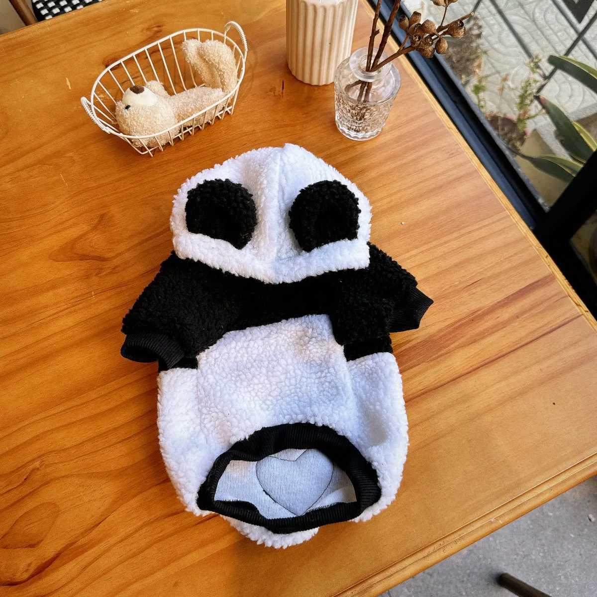 386A Cozy and Comfortable Panda Hoodie Featuring a Black and White Patchwork Design Made of Lambskin Material C251030