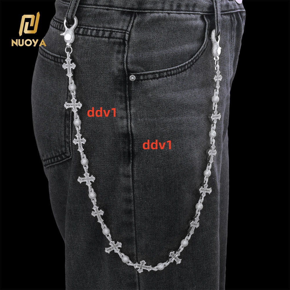 NUOYA Iced Out moissanite Pants Chain 18MM Silver Plated Cross Round Bead Design Bling Diamond Fine Jewelry Designer's style