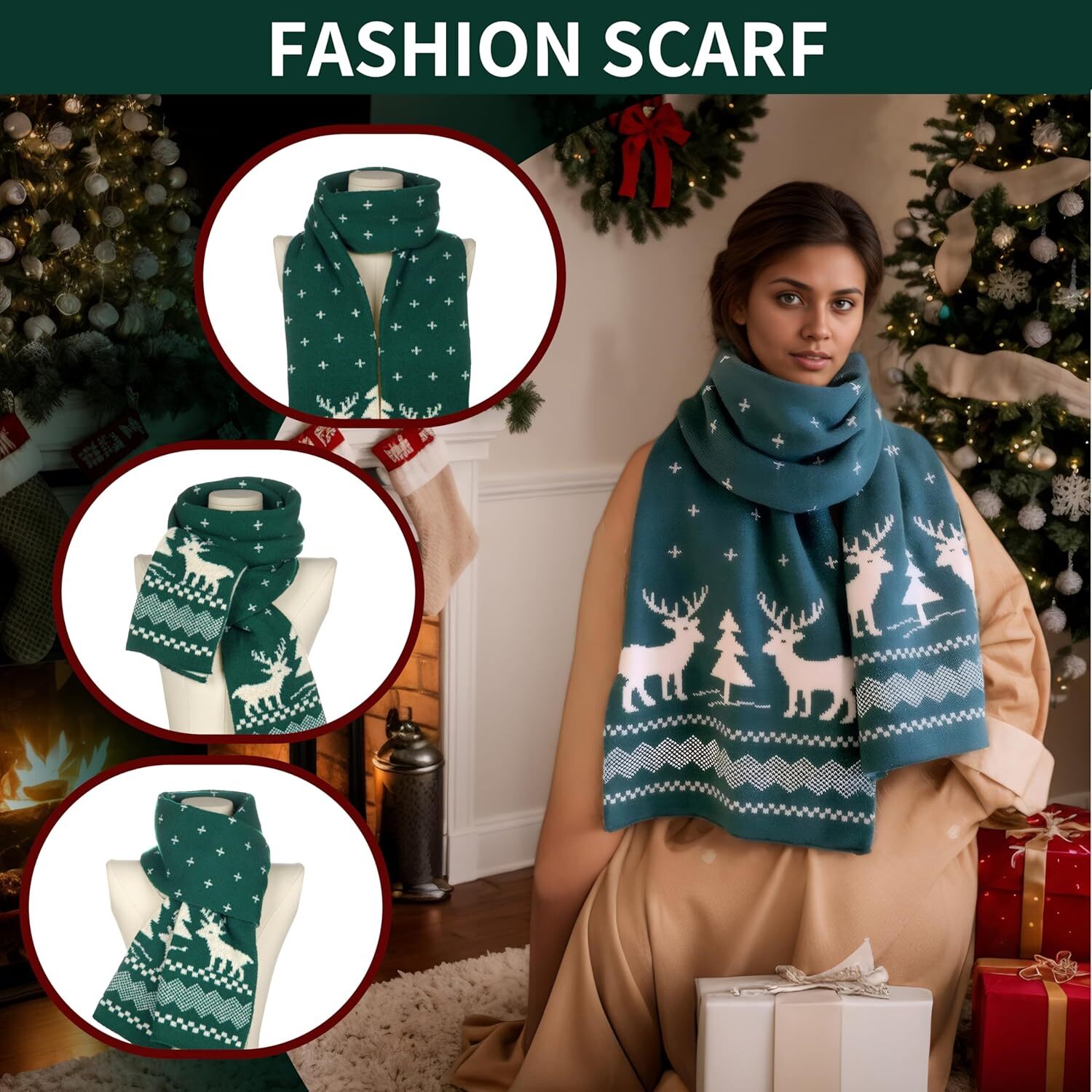 Custom Fall Winter Soft Knit for Women Men Boys Girls Christmas Scarf with Reindeer and Snowflake Pattern Green