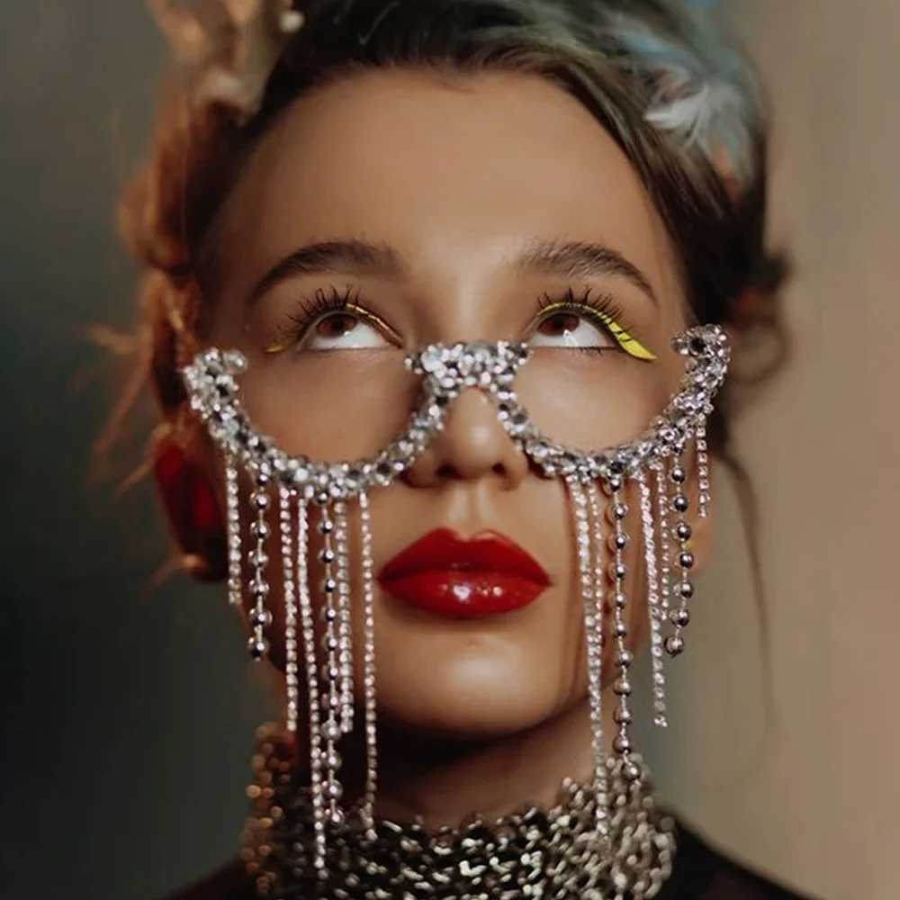 Long Tassel Glasses Frame Hight Quality for Women 2024 Fashion No Lens Rhinestone Eyewear Decoration Metal Half FrameW251029