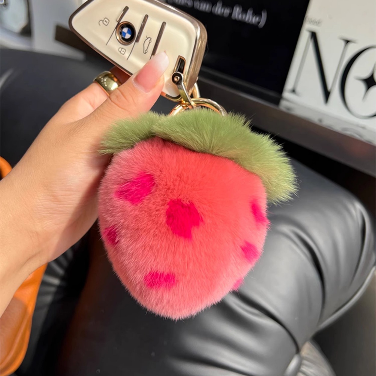 Real Rex Rabbit Fur Strawberry Car Keychain Ins Style Plush Ball Backpack Charm