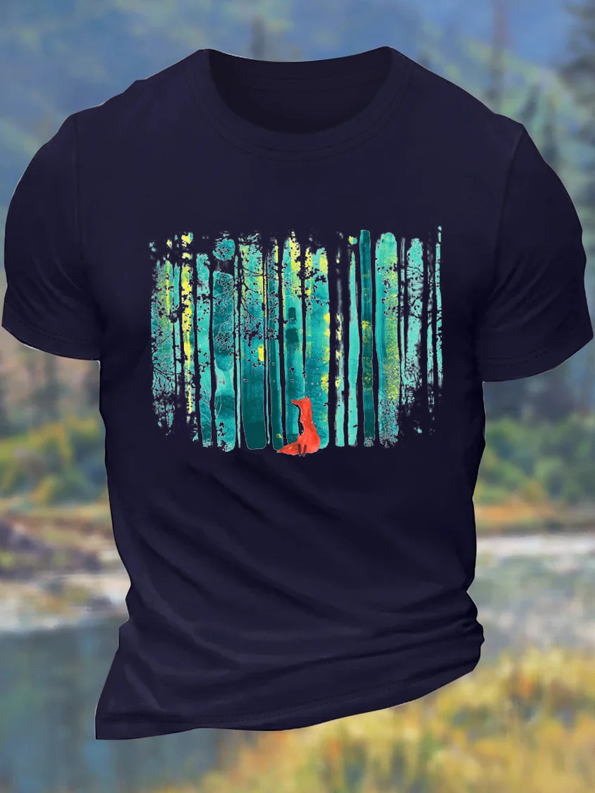 European & American Oversized Men's Forest Fox Crew Neck Casual Cotton Letter T-Shirt - TT7454