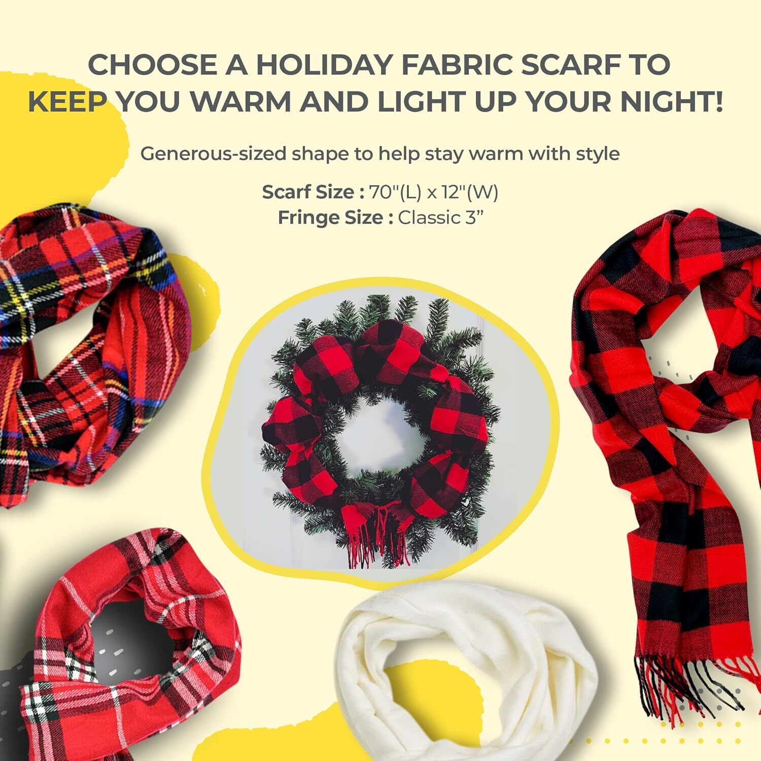 Custom Plaid Check and Solid Cashmere Feel Winter Scarf Warm Scarfs Cold Weather Accessories Fringe Scarves Christmas gifts