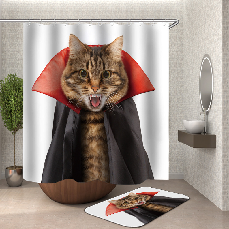 YL-37596 3D Digital Shower Curtain for Kitty Bathing, Bathroom Dry and Wet Separation, Polyester with Hooks, Isolation Curtain